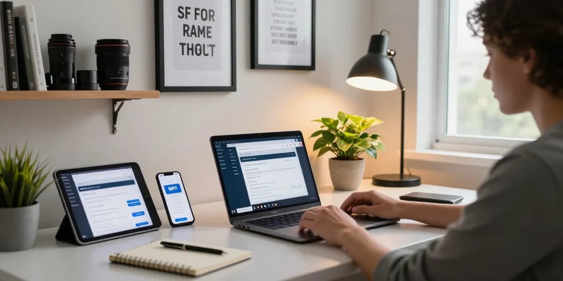 Focused user engaging in WPS Download on stylish laptop in a modern home office