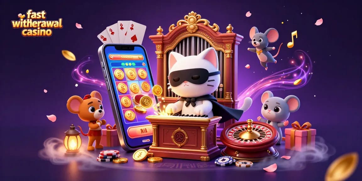 Experience the thrill at a fast withdrawal casino with our cartoon phantom cat and acrobat scene.