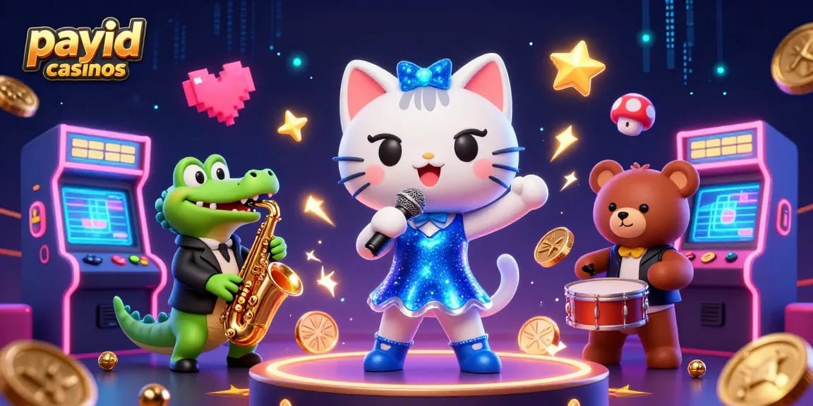 Engage in thrilling play at payid casinos with a vibrant illustration of a jazz-singer cat and gaming elements.