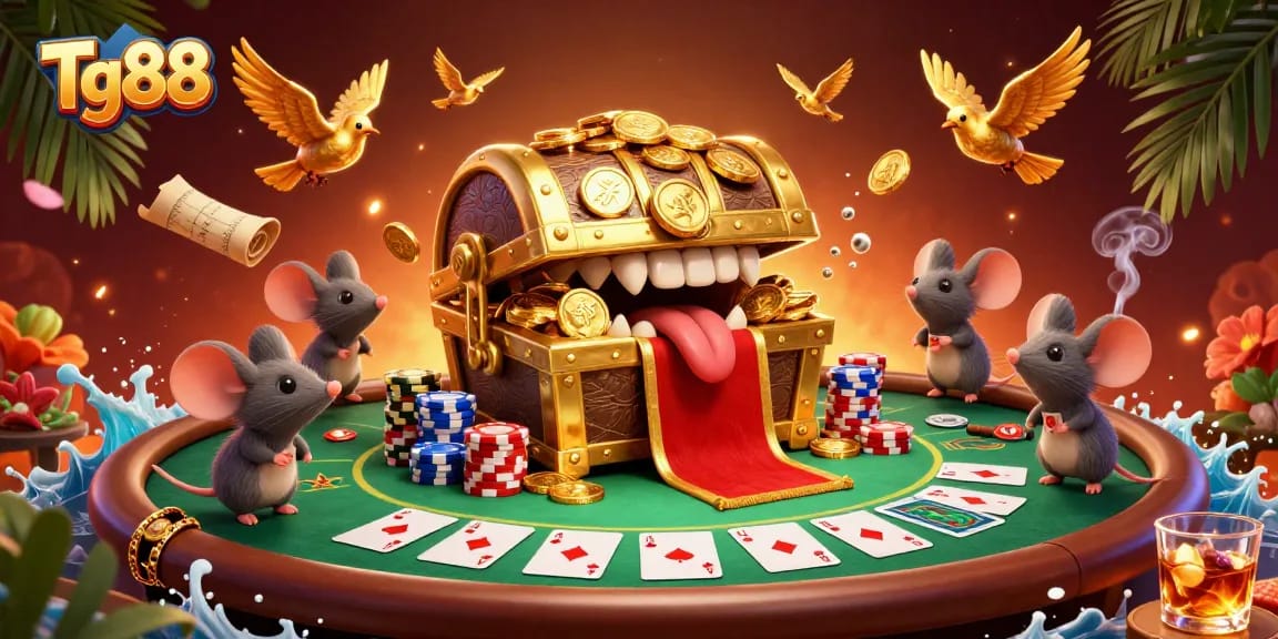 Spin the reels at Tg88's casino with a vibrant treasure chest and thrilling game elements.