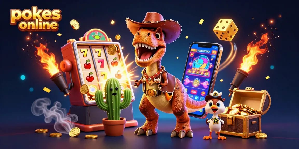 Engage with exciting pokies online action featuring a cowboy dinosaur, cactus, and roadrunner amidst a dynamic casino scene.