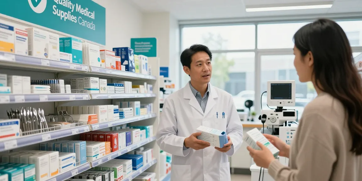 Explore a modern store showcasing medical supplies Canada, with professionals assisting customers in a vibrant setting.