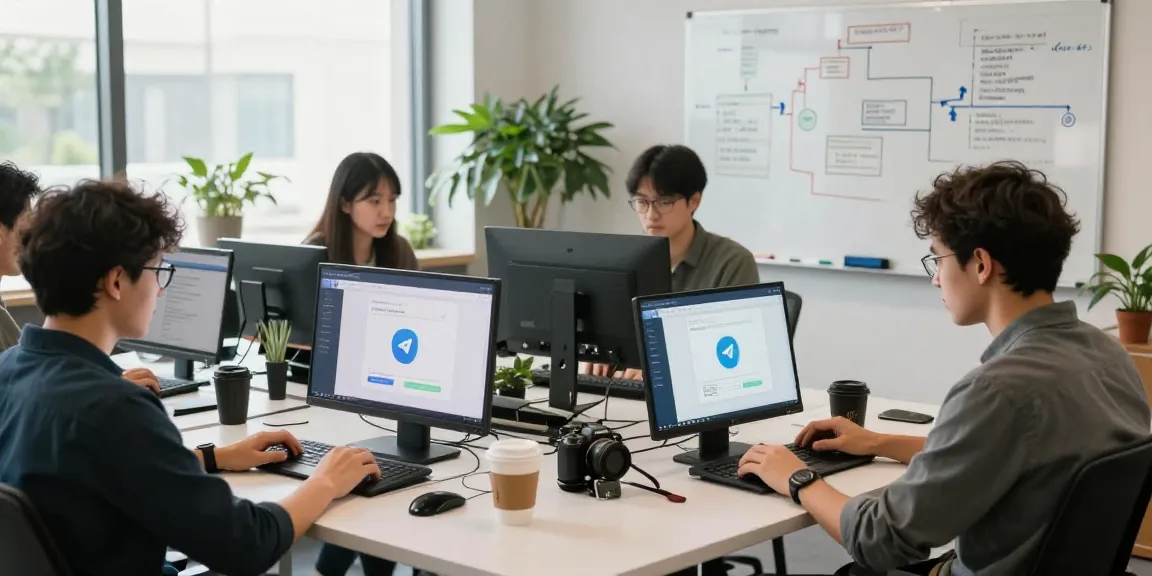 Developers collaborating on Telegram Web Version, showcasing tech workspace and innovation.