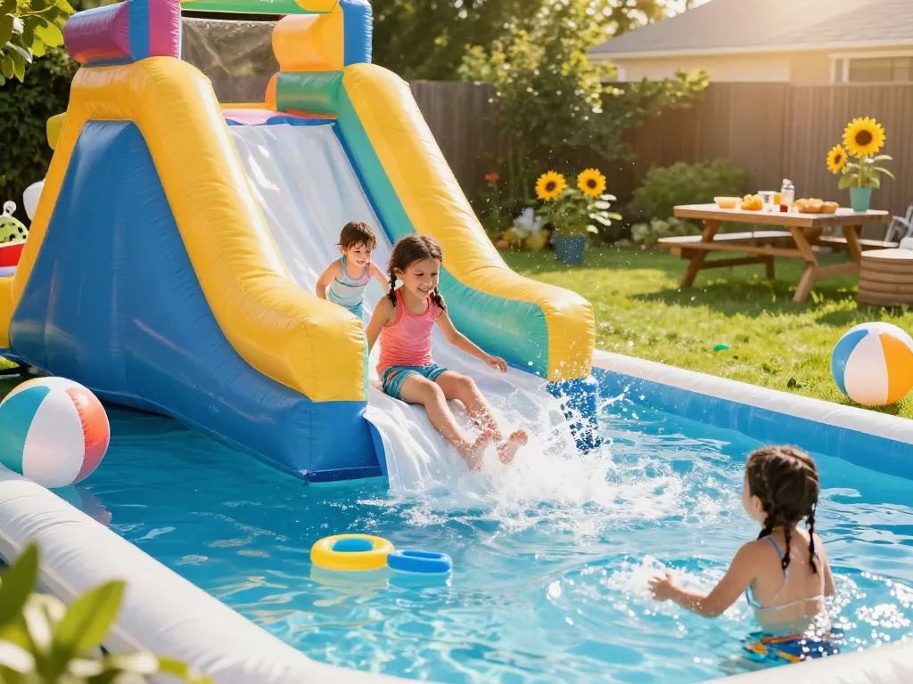 Children enjoying a water slide inflatable in a sunny backyard pool party.