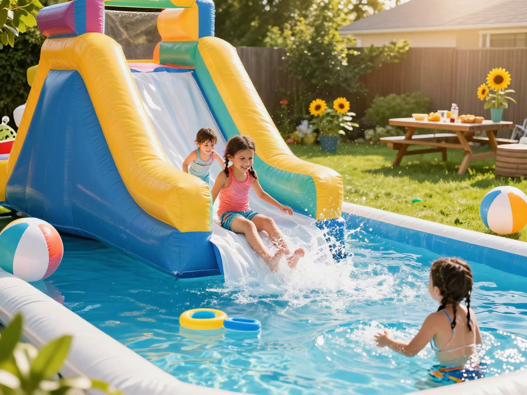 Children enjoying a water slide inflatable in a sunny backyard pool party.