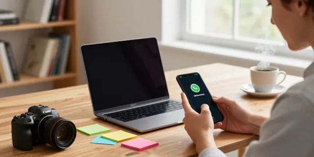 Person using GBWhatsApp on smartphone in modern workspace with warm lighting.