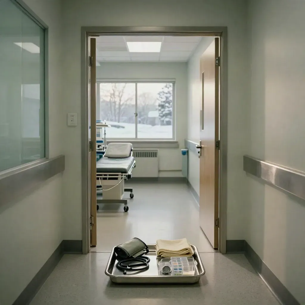 Empty Canadian clinic corridor opening to a bright exam bay with medical tools at dawn