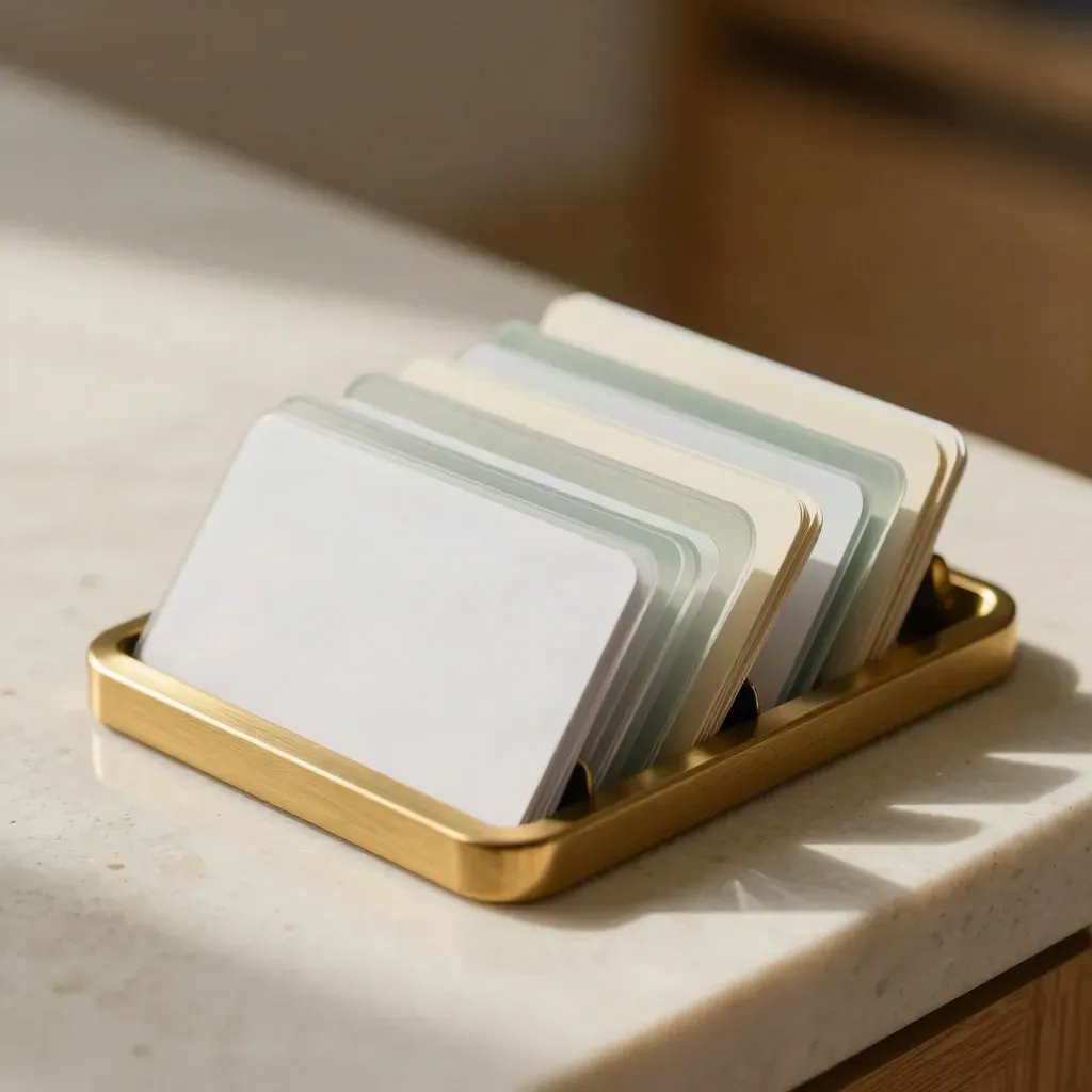 Patient navigation kit with blank sleeves, sage tabs, brass holder and turned phone dock on travertine.