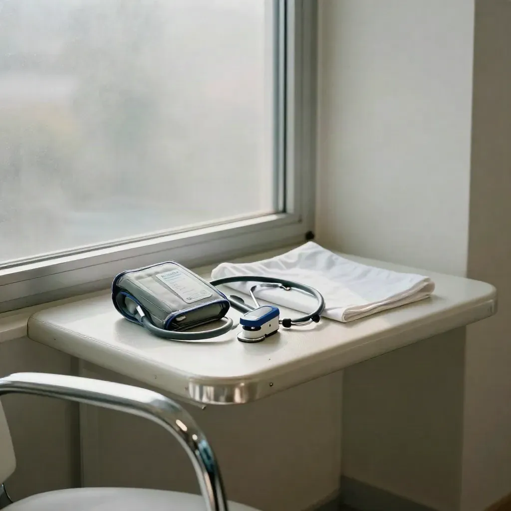 Exam-room corner with cuff, stethoscope, oximeter, drape, and chrome chair arm in soft haze.