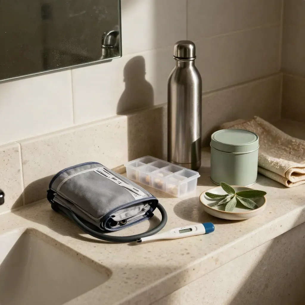 Preventive-health kit with cuff, pill sorter, thermometer and bottle on a stone bathroom ledge.