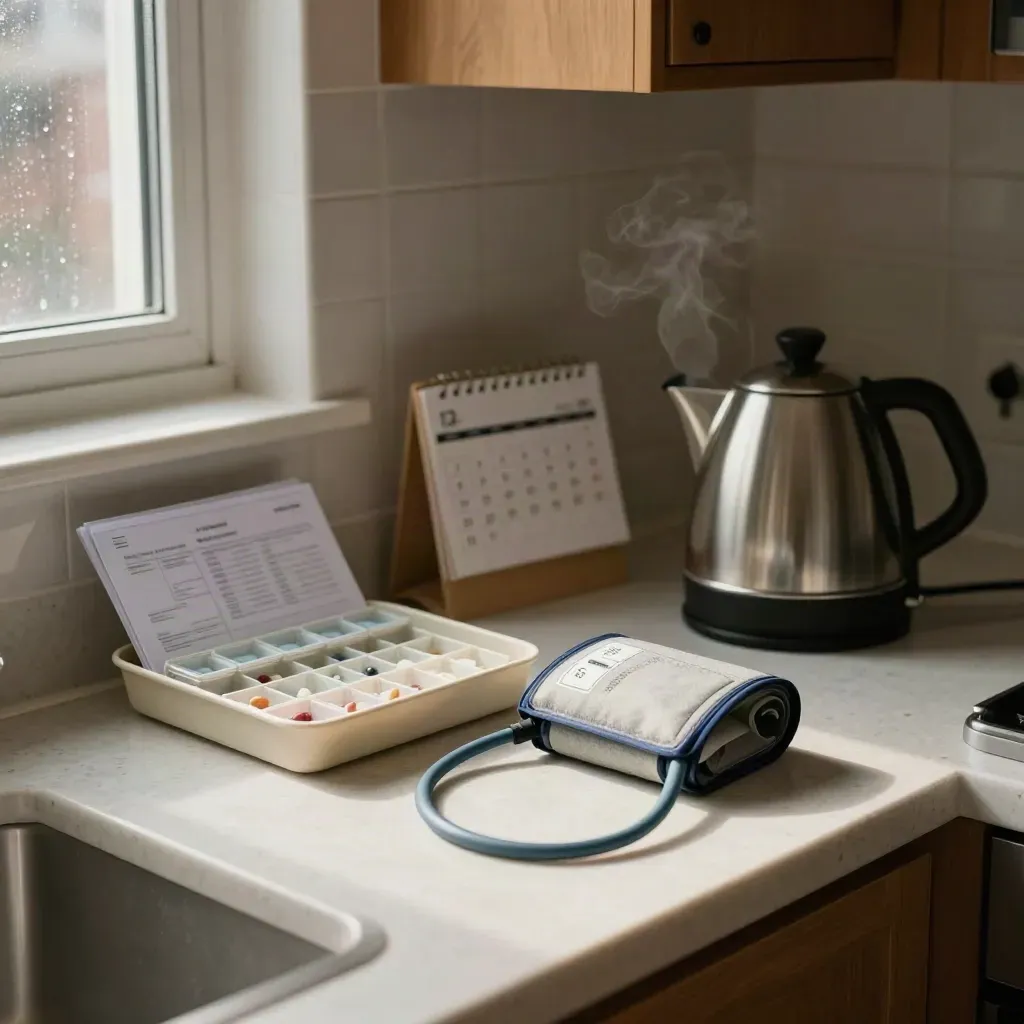 Toronto kitchen care station with pill organizer, BP cuff, folders, steaming kettle, and turned-away calendar stand