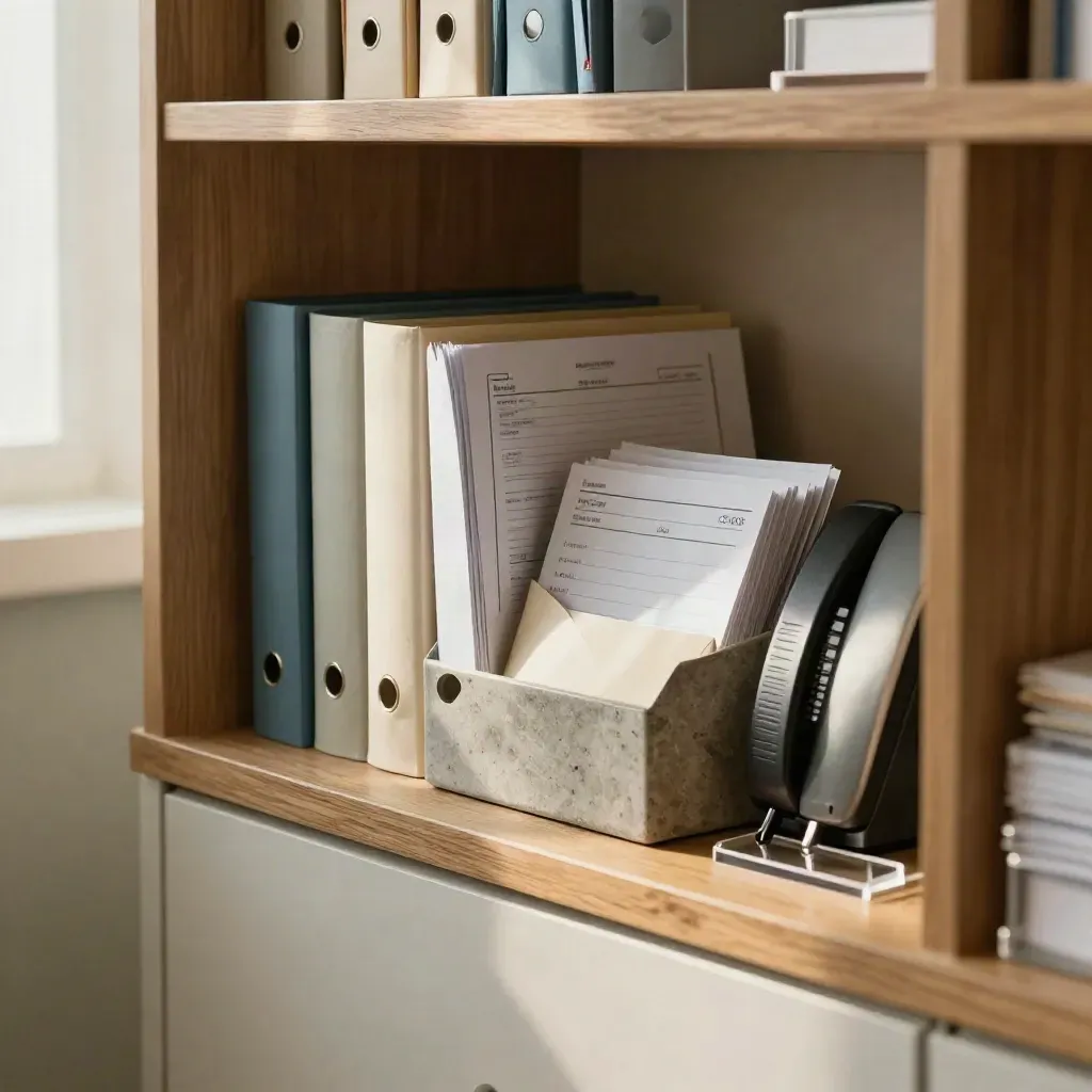 Referral folders, sealed packets, and a phone dock on a clinic shelf