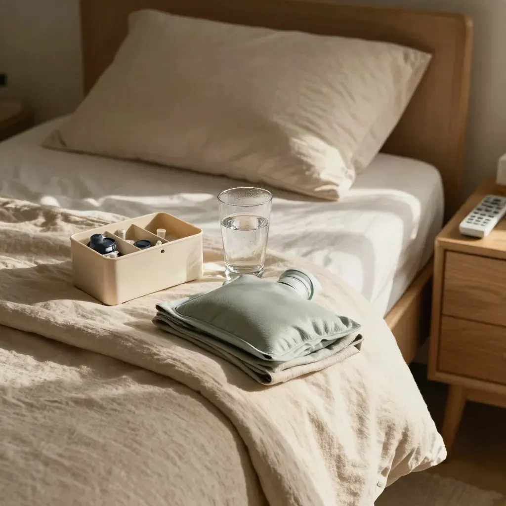 Morning bedside recovery setup with pill organizer, water glass, ice pack, pillow, and tray.
