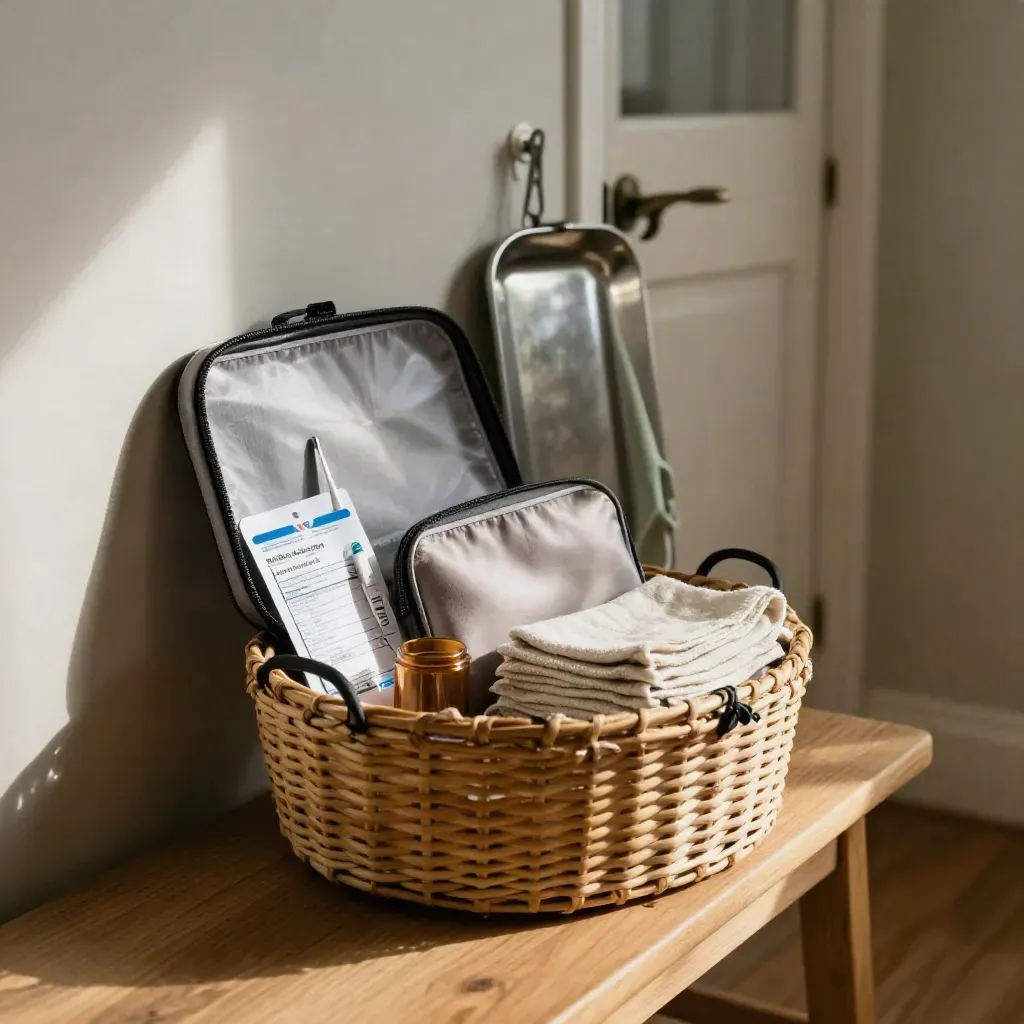 Entryway care basket with vaccine sleeve, thermometer, and pediatric fever kit in bright daylight.