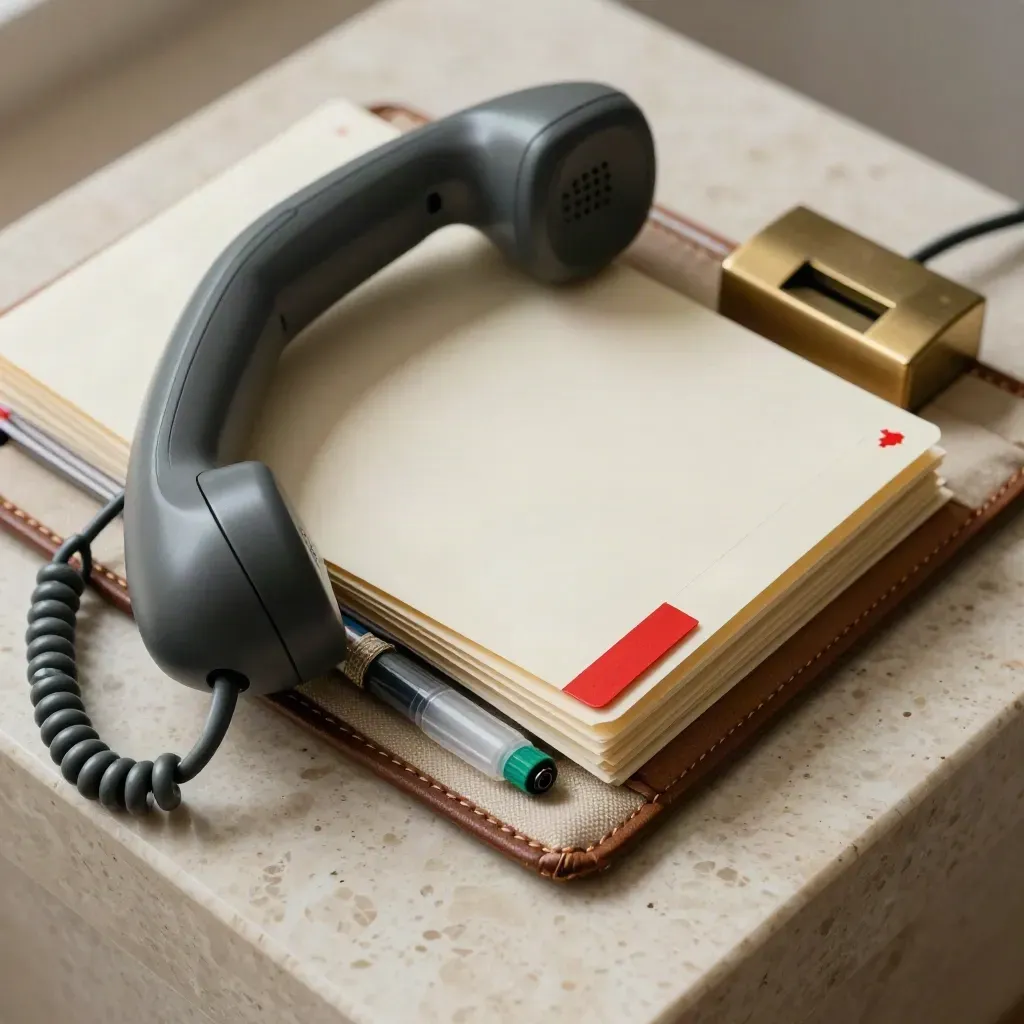 Macro still life of care navigation tools in a travertine organizer with brass and red accents
