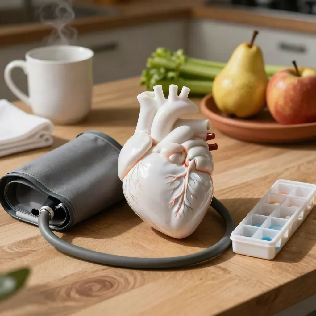 Anatomical heart, blood-pressure cuff, pill sorter and produce on a butcher-block counter.
