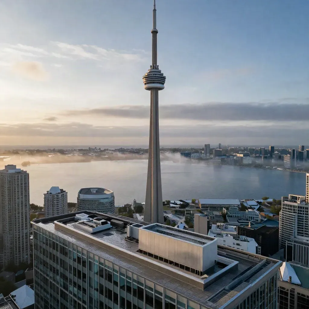 Toronto skyline and the CN Tower above misty Lake Ontario at sunrise