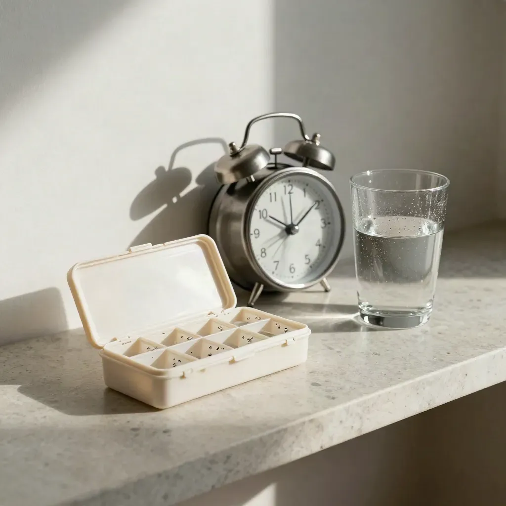 Pill organizer, alarm clock and water glass on a stone shelf in soft daylight.