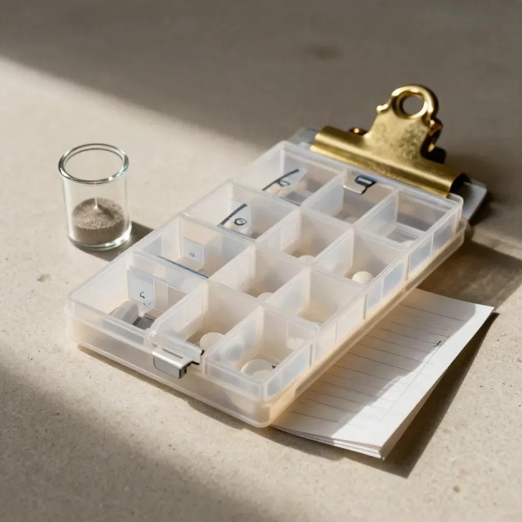 Overhead flatlay of pill organizer, glass timer, and brass clip on pale stone.