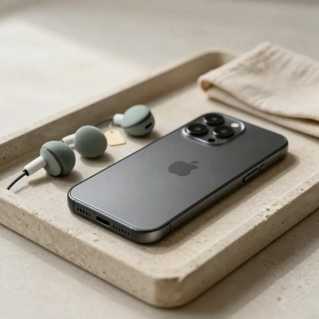 Face-down phone, headset, and sage clinic tags on a linen tray with a folded cloth.