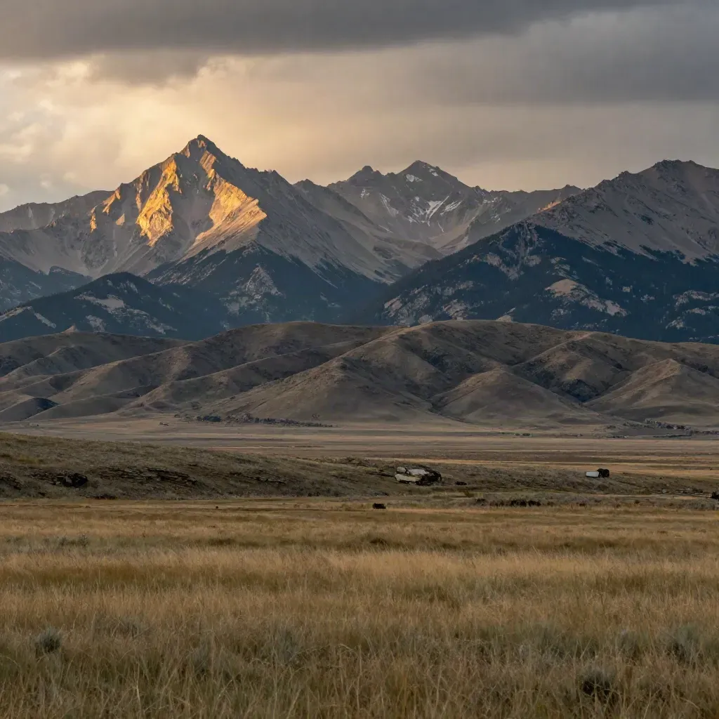 Golden Alberta Rockies above calm foothills, warm storm light and hazy prairie under open sky