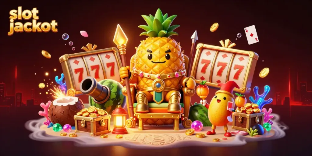 Experience the excitement of slot jackpot games with vibrant characters and casino elements in this lively illustration.