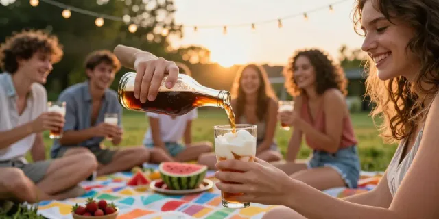 Refreshing root beer floats served in clear glasses during a joyful summer gathering.