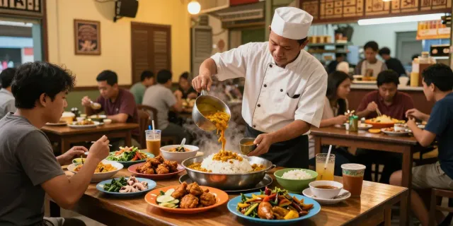 Authentic Nasi Kandar experience at Rokok88 with vibrant dishes and curry pouring.